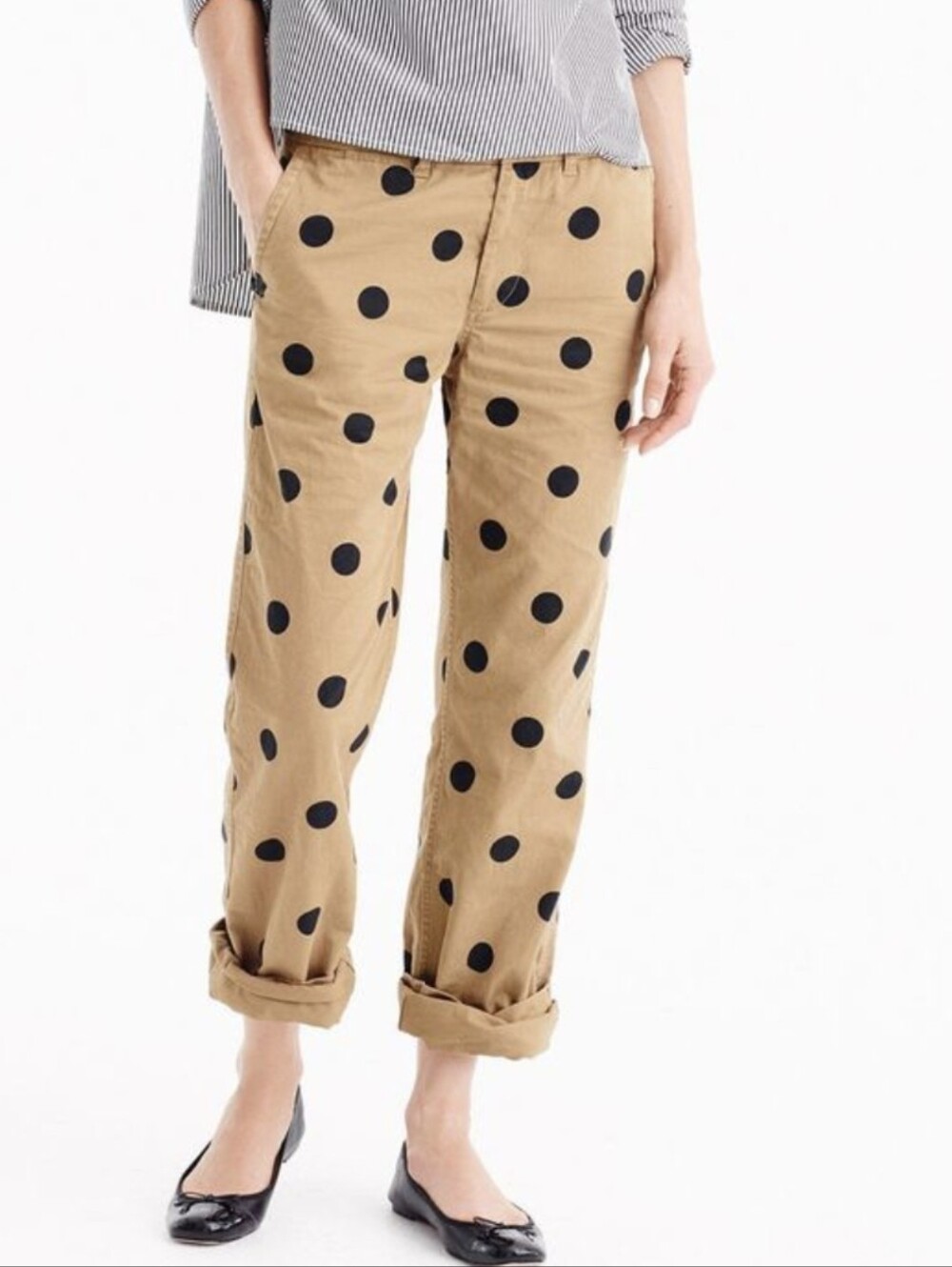 J. Crew Boyfriend Women's Tan Chino Pants Black Polka Dots Straight Leg 12 Tall